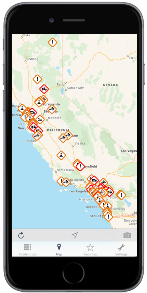 California Roads Traffic App on an iPhone