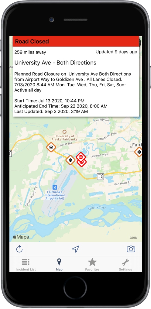 Alaska Roads Traffic App on an iPhone
