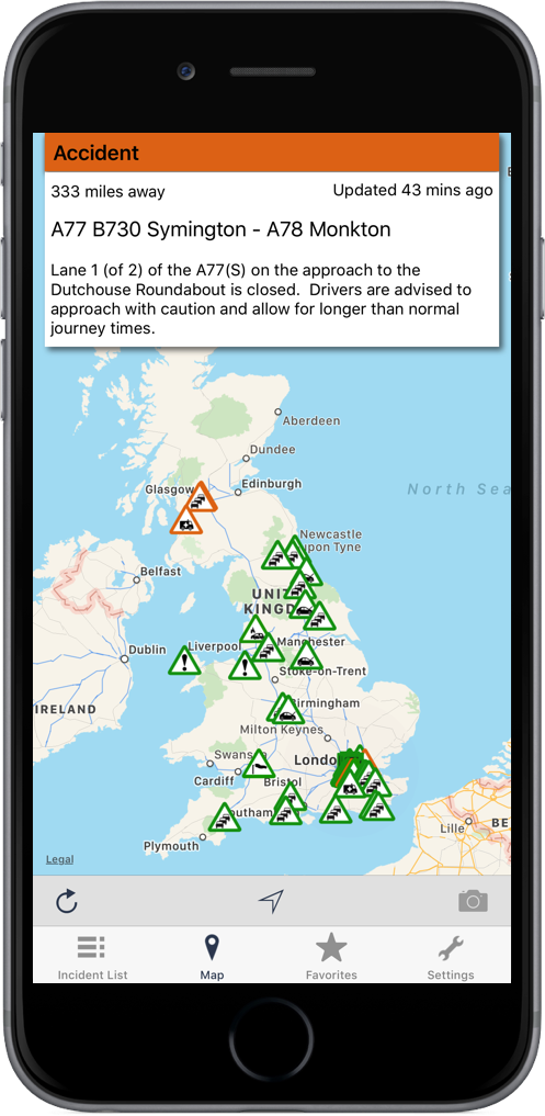UK Roads Traffic App on an iPhone