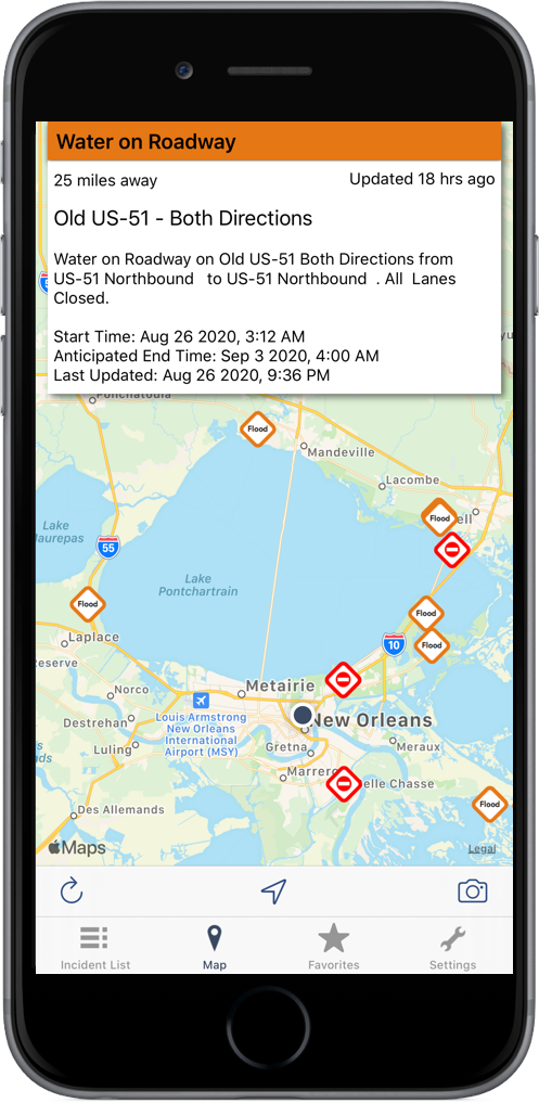 Louisiana Roads Traffic App on an iPhone