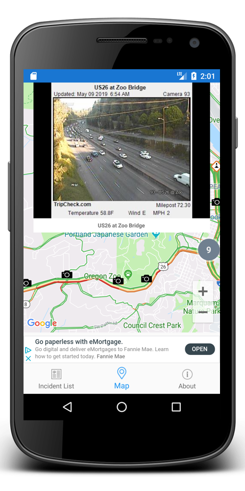 Oregon Roads Traffic App on an Android phone