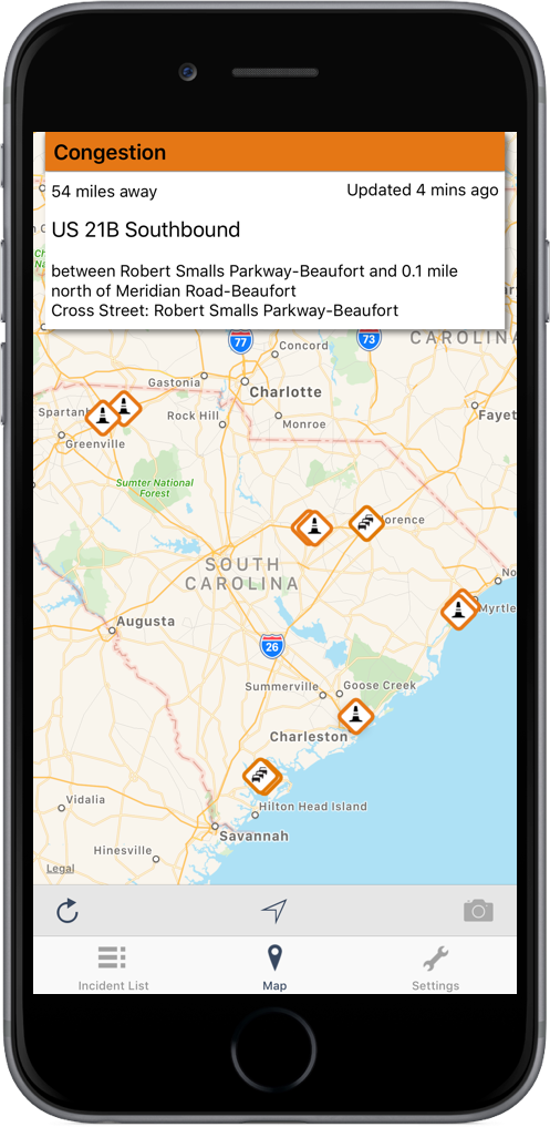 South Carolina Roads Traffic App on an iPhone