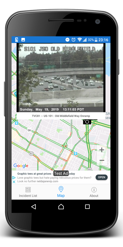 California Roads Traffic App on an Android phone