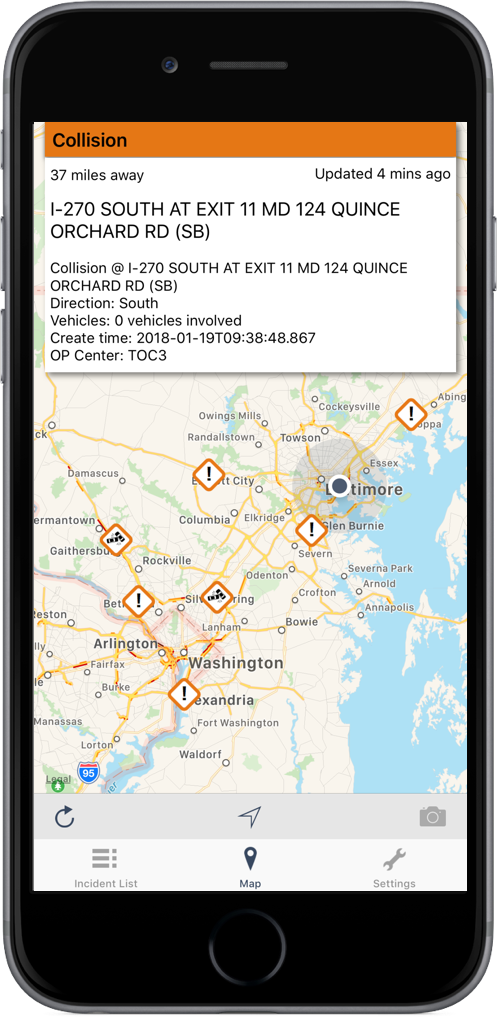 Maryland Roads Traffic App on an iPhone