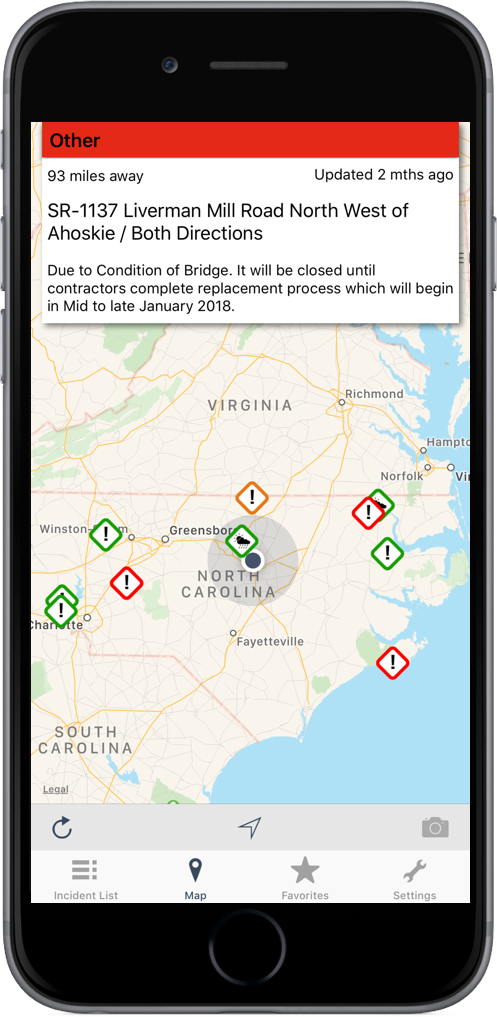 North Carolina Roads Traffic App on an iPhone